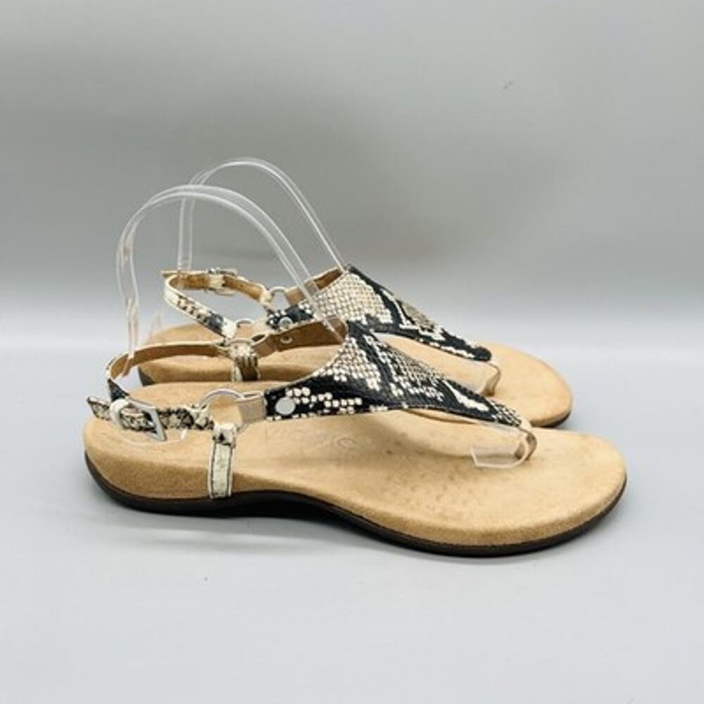 Vionic Sandals Womens 8 Beige Leather Kirra Snake Print Thong Comfort Shoes